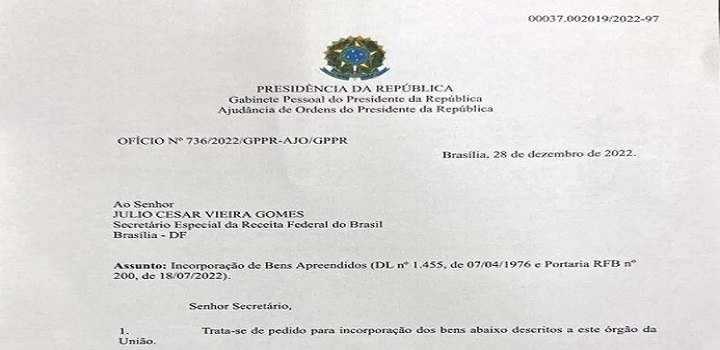oficio para liberação de joias de bolsonaro