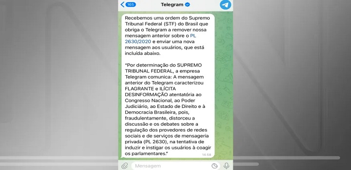 MENSAGEM DO TELEGRAM SOBRE PL DAS FAKE NEWS
