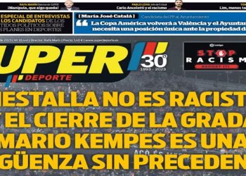 O jornal "Super Deporte", da cidade de Valência, antecipou na noite desta terça-feira a capa de sua edição de quarta-feira, dia 24 de maio de 2023. O diário critica duramente a punição dada ao Valencia,