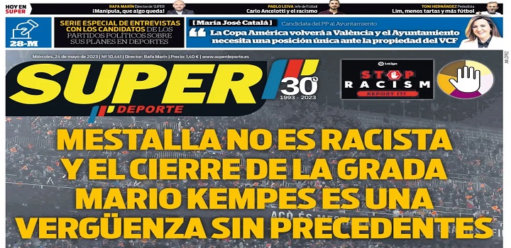 O jornal "Super Deporte", da cidade de Valência, antecipou na noite desta terça-feira a capa de sua edição de quarta-feira, dia 24 de maio de 2023. O diário critica duramente a punição dada ao Valencia,