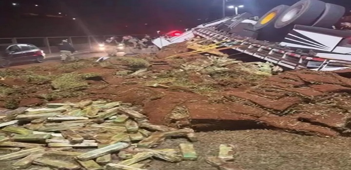 caminhão tomba com 1 tonelada de maconha