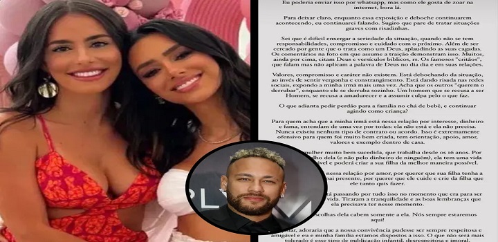 Irmã de Bruna Biancardi detona Neymar e defende irmã: 'Se recusa a amadurecer'