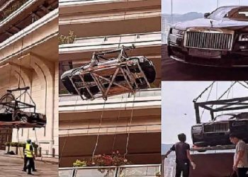 Bilionário chinês usa guindaste para colocar seu Rolls-Royce até na varanda de seu apartamento no 44º andar