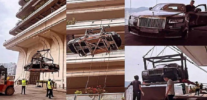 Bilionário chinês usa guindaste para colocar seu Rolls-Royce até na varanda de seu apartamento no 44º andar