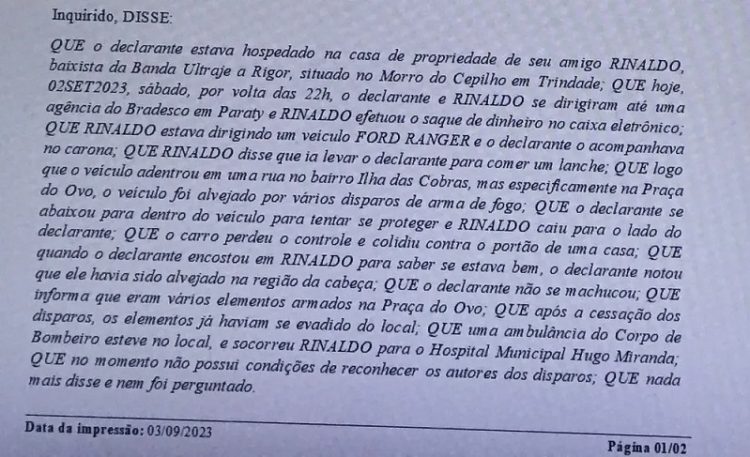 Depoimento do amigo de Mingau para a Polícia Civil — Foto: Reprodução