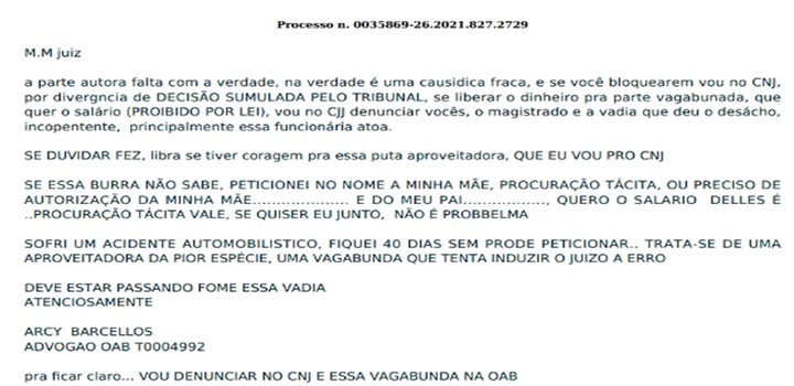 Advogado xinga a parte autora de processo e a servidora do TJ em documento enviado a juiz — Foto: Reprodução