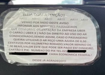Motorista de aplicativo cobra taxa extra para ligar ar-condicionado e estabelece tarifa por km rodado e 'valor mínimo' de R$ 5