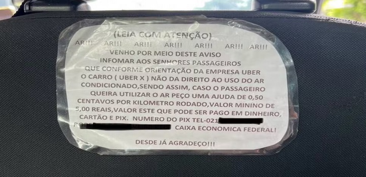 Motorista de aplicativo cobra taxa extra para ligar ar-condicionado e estabelece tarifa por km rodado e 'valor mínimo' de R$ 5