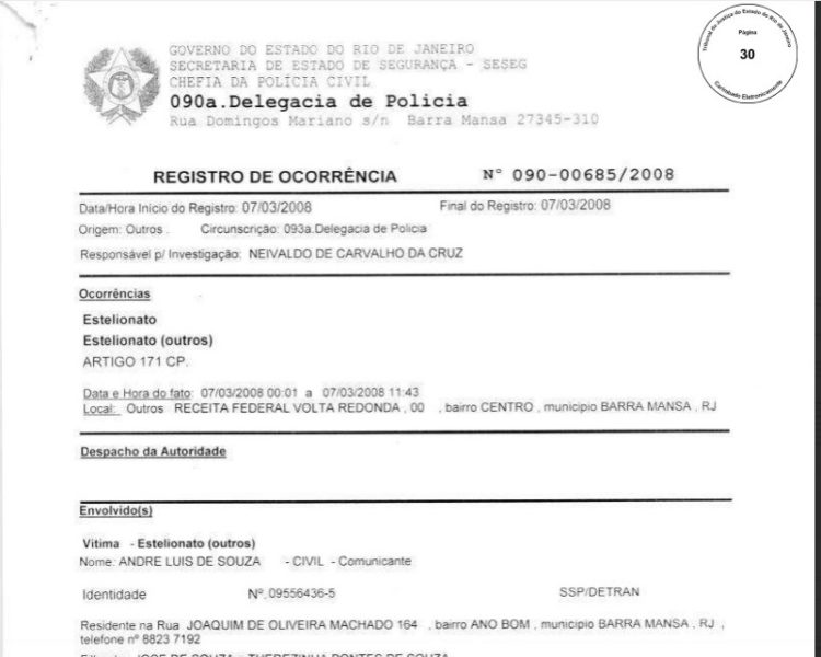 Boletim de ocorrências registrado na 90ª DP de Barra Mansa-RJ