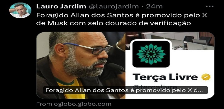 Foragido Allan dos Santos é promovido pelo X de Musk com selo dourado de verificação