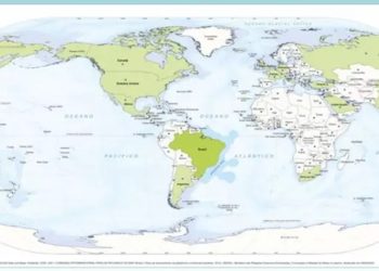 Mapa-múndi produzido pelo IBGE e que traz o Brasil no centro da Terra
Foto: Divulgação/IBGE