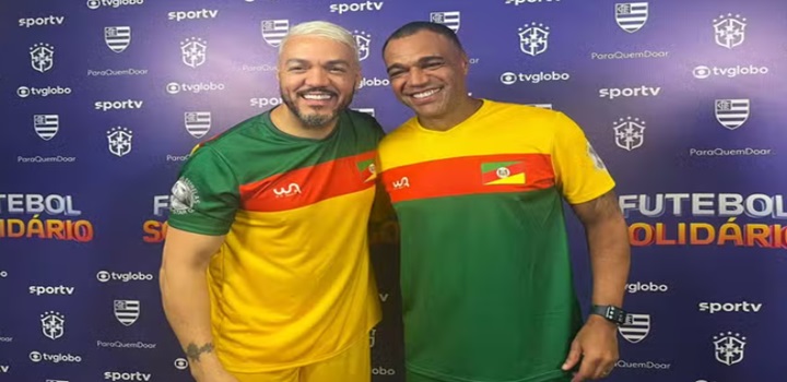 Após briga judicial, Belo e Denilson se encontram pela 1ª vez no Futebol Solidário: 'Faz parte da minha história'