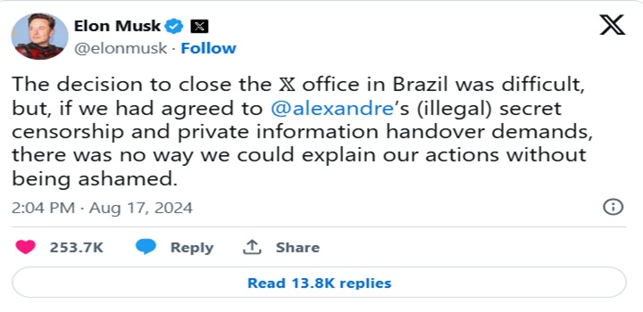 X, antigo Twitter, encerra escritório no Brasil e culpa Moraes pela ação