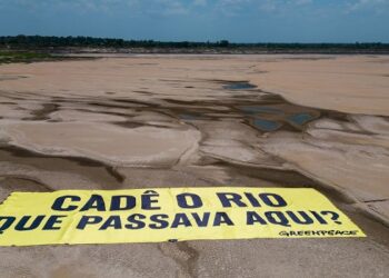 Protesto do Greenpeace Brasil no leito seco do Rio Solimões: seca extrema leva rios na Amazônia e Pantanal a mínimas extremas (Foto: Nilmar Lage / Greenpeace)
