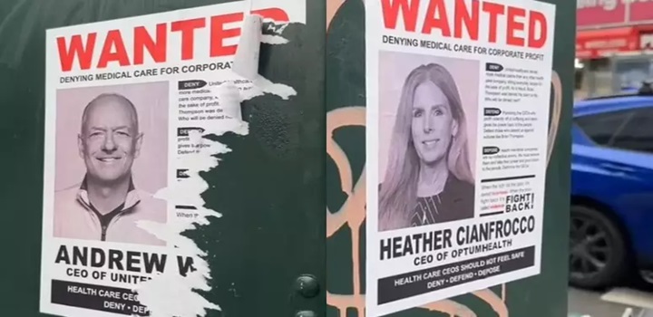 Após assassinato de CEO, cartazes com fotos de executivos da saúde como 'procurados' são espalhados nos EUA