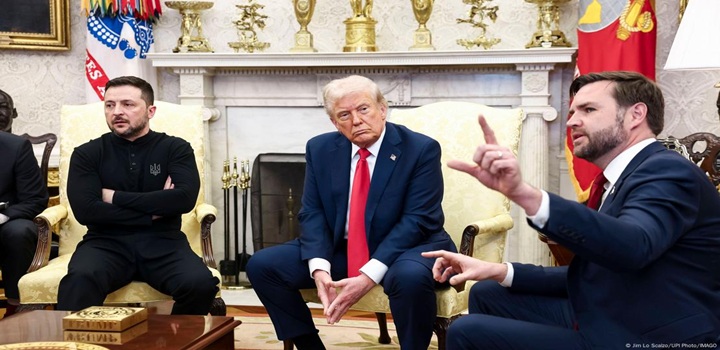 Suposto pomo da discórdia: o encontro desastrado entre Volodimir Zelenski, Trump e seu vice, JD Vance (Foto: Jim Lo Scalzo/UPI Photo/IMAGO