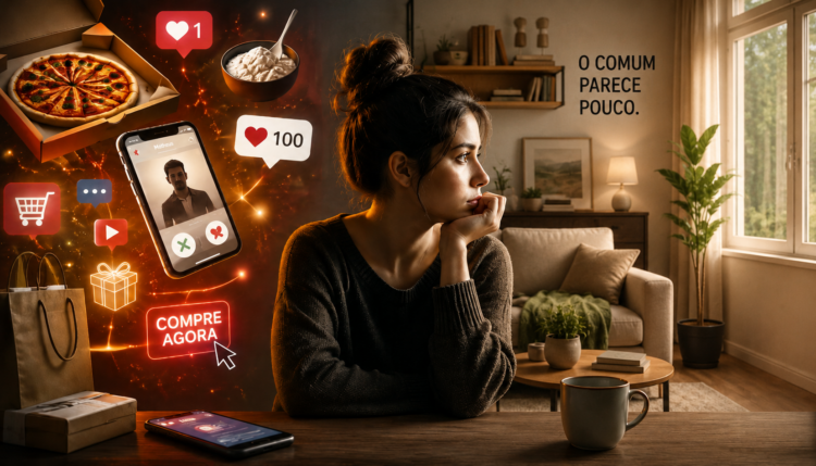 Entre prazer, novidade e estímulos rápidos, a felicidade passou a ser confundida com excitação permanente. Entenda por que o comum começou a parecer pouco.