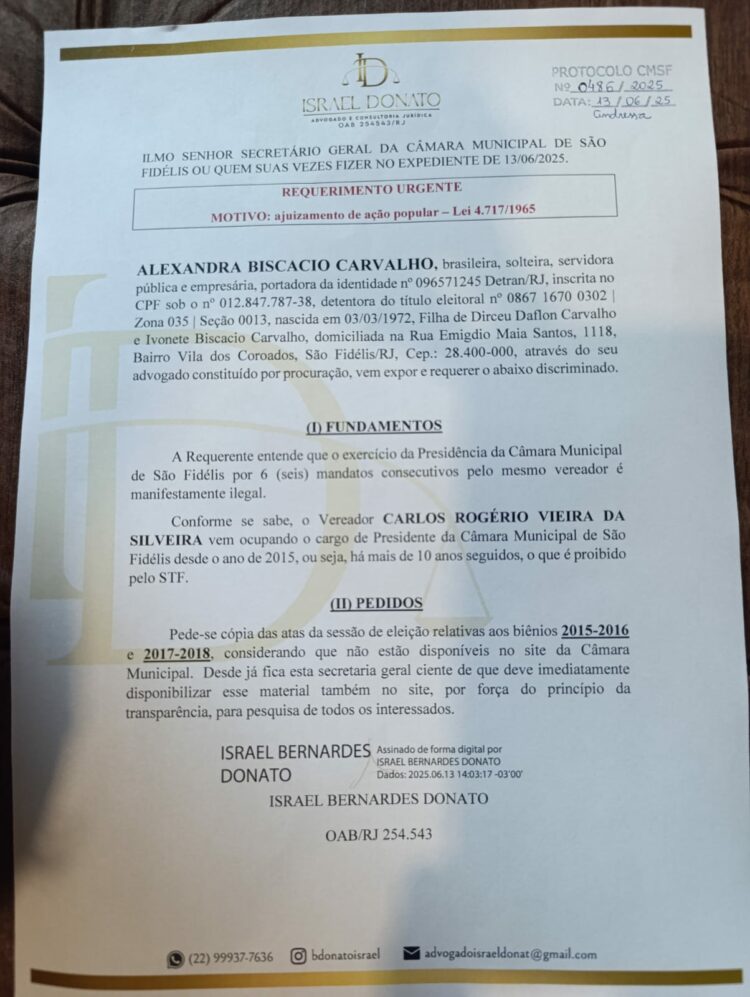 Câmara de Vereadores de São Fidélis (RJ: pedido de informações sobre reeleição do presidente