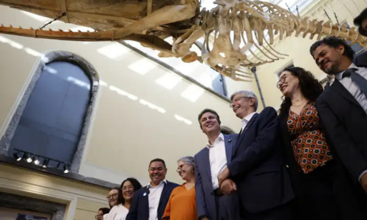 Sete anos após o incêndio, Museu Nacional reabre com exposição temporária "Entre Gigantes". Veja as peças sobreviventes e as novidades da reconstrução.