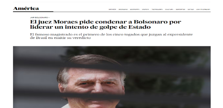 Voto de Moraes pela condenação de Jair Bolsonaro repercute na imprensa internacional. The Guardian fala em “condenação inevitável”, e El País chama ministro de “famoso juiz”.