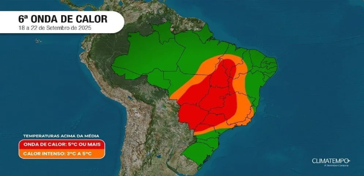 A sexta onda de calor de 2025 vai atingir o Brasil entre 18 e 22 de setembro, com temperaturas próximas a 40°C em regiões como Centro-Oeste, Sudeste e Norte. Capitais como Cuiabá, Goiânia e Belo Horizonte podem bater recordes anual. Saiba mais sobre previsão, riscos e cuidados