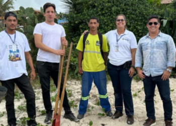 Praia de Geribá, em Búzios, recebe mutirão de limpeza e plantio de restinga durante a 5ª etapa da Taça Brasil de Surfe da CBSurf, promovendo conscientização ambiental e participação da comunidade.
