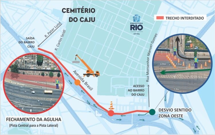 Neste sábado (04/10), a CET-Rio fará interdição temporária da pista lateral da Avenida Brasil para içamento de equipamentos no Cemitério do Caju. Motoristas devem seguir desvios e recomendações de trânsito.