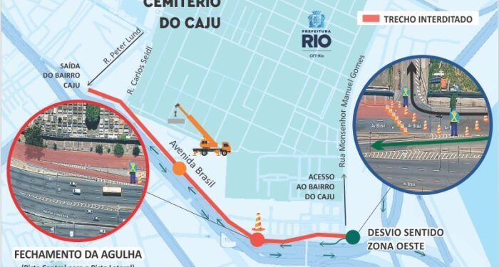 Neste sábado (04/10), a CET-Rio fará interdição temporária da pista lateral da Avenida Brasil para içamento de equipamentos no Cemitério do Caju. Motoristas devem seguir desvios e recomendações de trânsito.