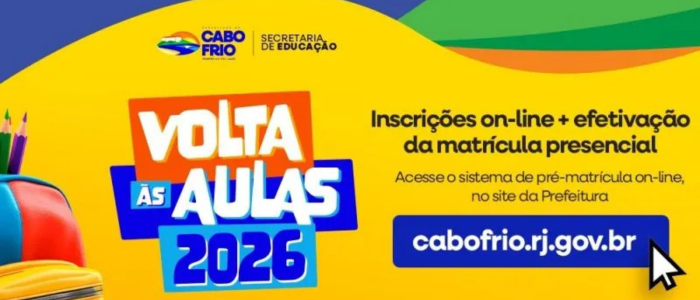 A Prefeitura de Cabo Frio inicia a segunda fase da pré-matrícula on-line da rede pública municipal, com vagas para Educação Infantil, Ensino Fundamental, Ensino Médio e EJA, até 29/01.