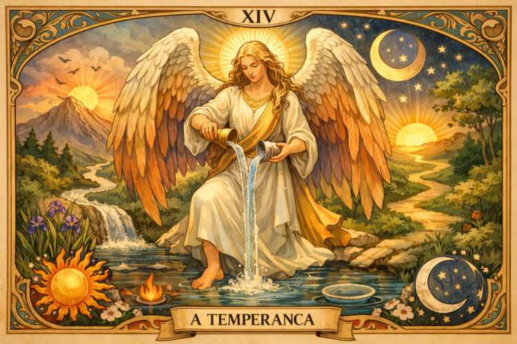 A carta A Temperança simboliza equilíbrio emocional, paciência e harmonia entre diferentes aspectos da vida.