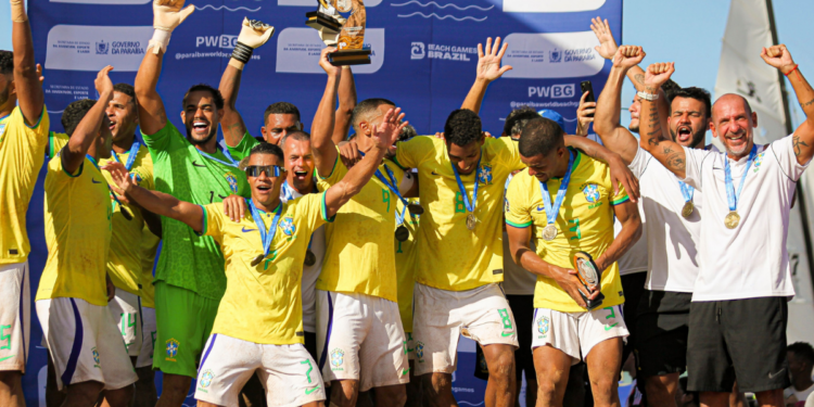 Brasil vence Japão por 7 a 1 e conquista a Copa das Nações de Beach Soccer no Paraíba World Beach Games. Veja gols, resultados e campanha completa.