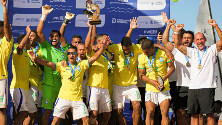 Brasil vence Japão por 7 a 1 e conquista a Copa das Nações de Beach Soccer no Paraíba World Beach Games. Veja gols, resultados e campanha completa.