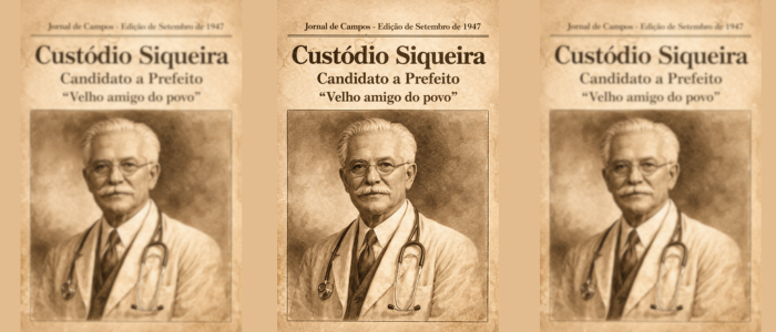 Ilustração histórica de Custódio Siqueira, médico e candidato à prefeitura de Campos em 1947, conhecido como “velho amigo do povo” e responsável pelo loteamento que deu origem ao bairro Custodópolis.