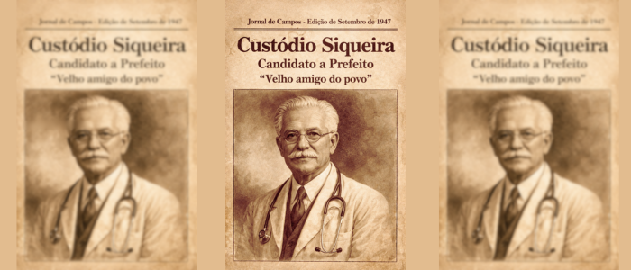 Ilustração histórica de Custódio Siqueira, médico e candidato à prefeitura de Campos em 1947, conhecido como “velho amigo do povo” e responsável pelo loteamento que deu origem ao bairro Custodópolis.