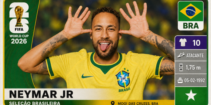 Neymar foi incluído no álbum da Copa do Mundo de 2026 em pacote complementar lançado pela Panini. Update Set reúne 120 novas figurinhas.