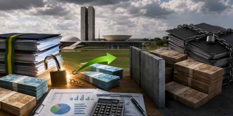 crie uma imagem jornalistica 700x350 sem escrita A revisão das estimativas de receitas e despesas abriu espaço para o governo federal liberar parte dos recursos que estavam congelados no Orçamento de 2026. Com a atualização, anunciada nesta sexta-feira (24), o bloqueio foi reduzido em R$ 5,7 bilhões, embora cerca de R$ 18 bilhões continuem indisponíveis para assegurar o cumprimento do limite de gastos estabelecido em lei.