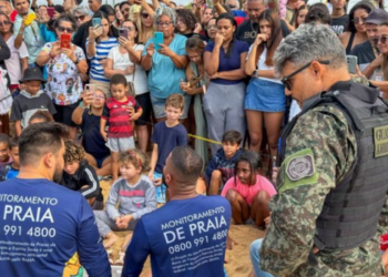 Tartaruga-verde juvenil é devolvida ao oceano na Praia do Abricó, em Rio das Ostras, após passar por tratamento e reabilitação veterinária.
