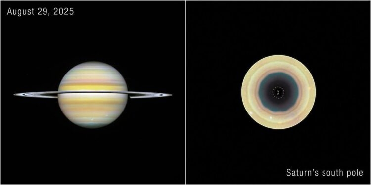 Duas imagens de Saturno, capturadas pelo Telescópio Espacial Hubble da NASA, revelam uma gigantesca onda atmosférica de 10 lados. NASA