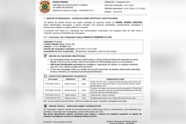 Nikolas Ferreira admite ter compartilhado documento falso atribuído à PF sobre conversas com Daniel Vorcaro e diz que apagou a publicação.
