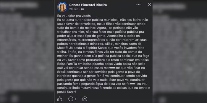Procuradora de Macaé é investigada após publicações contra petistas, nordestinos e mineiros. OAB, PT e representantes políticos repudiaram as declarações.
