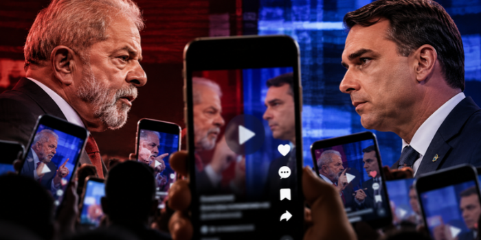 Cortes do debate entre Lula e Flávio Bolsonaro circulam nas redes sociais e influenciam a percepção do público. Entenda por que visualizações não significam mudança de voto.