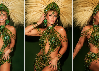  Paolla Oliveira recebe coroa e faixa de rainha de bateria da Imperatriz Leopoldinense em festa com Iza, Jorge Aragão e Xande de Pilares, no Rio.